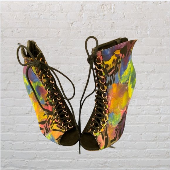 PRIVILEGED SHOES -- Peep Toe Booties/Ankle Boots, Dual Patterned, Rear Zip - Picture 2 of 12